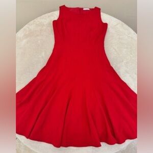 Calvin Klein Fit & Flare Dress Womens Red Lined Textured Round Neck Back Zip